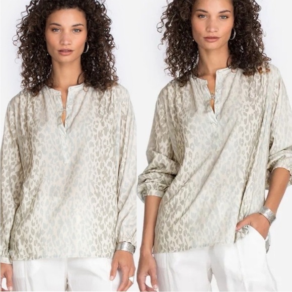 Johnny Was Calmé Animal Print Beige Grey Leopard Post Yoga Tunic Blouse Size XL - Picture 1 of 5